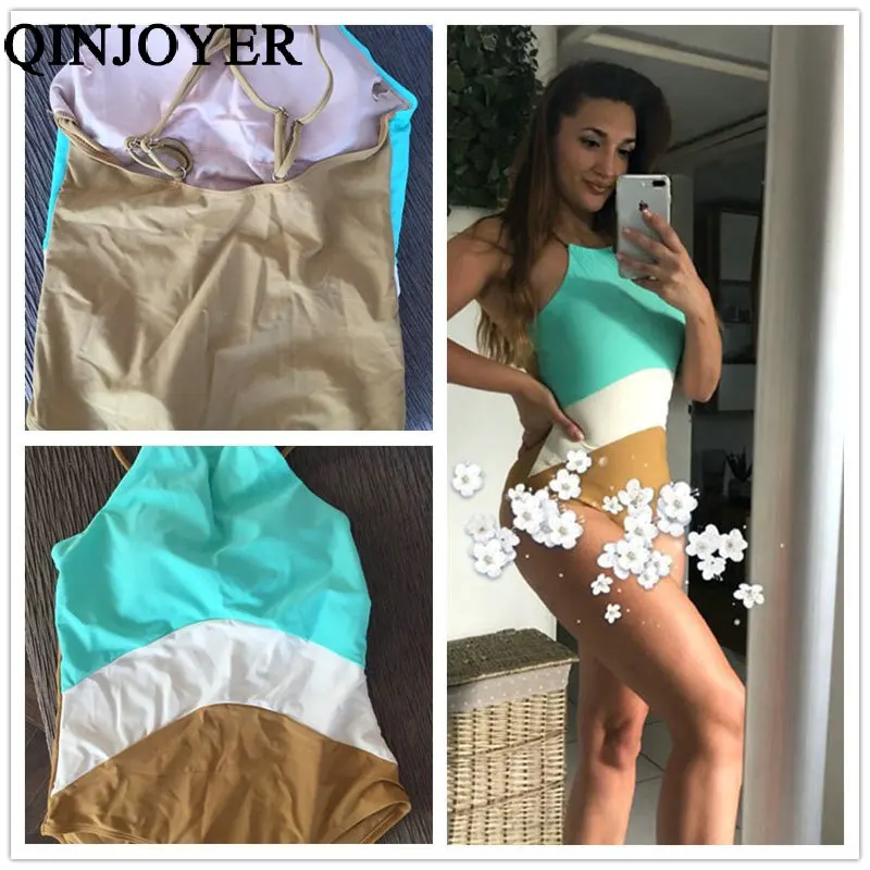 Online QINJOYER Sexy Patchwork Einem Stück Badeanzug 2019 Brazilian Bikini Tanga Push Up Bademode Monokini Frauen High Neck Badeanzug