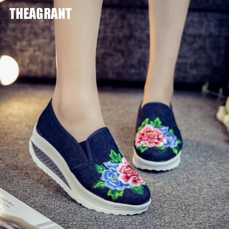 

THEAGRANT 2019 Spring Wedge Women Shoes Platform Casual Shoes Embroidered Slip on Chinese Vintage Lady Sneakers WSN3003