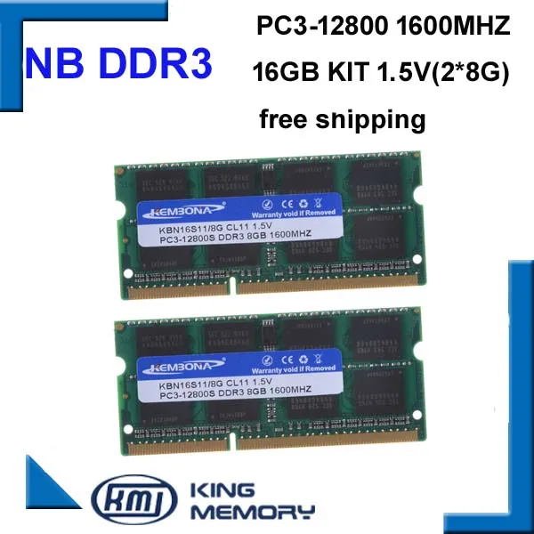 KEMBONA быстрая скорость sodimm ноутбук оперативная память DDR3 16 Гб(комплект из 2 шт ddr3 8 ГБ) 1600 МГц PC3 12800S 1,5 V 204pin ram память