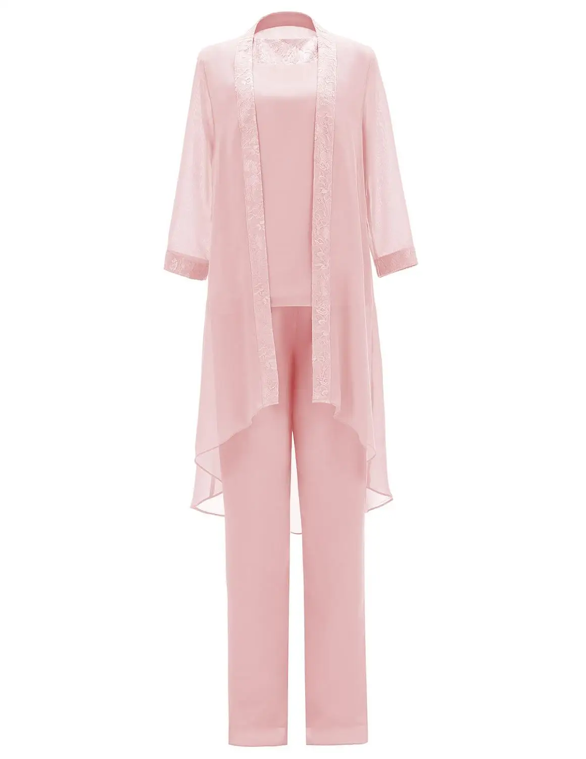 Pink Женский комплект из 3 предметов, элегантный кружевной шифон, платье для матери невесты, брюки, костюм с длинной курткой, наряд, 3/4 рукава для свадьбы, жениха - Цвет: Pink