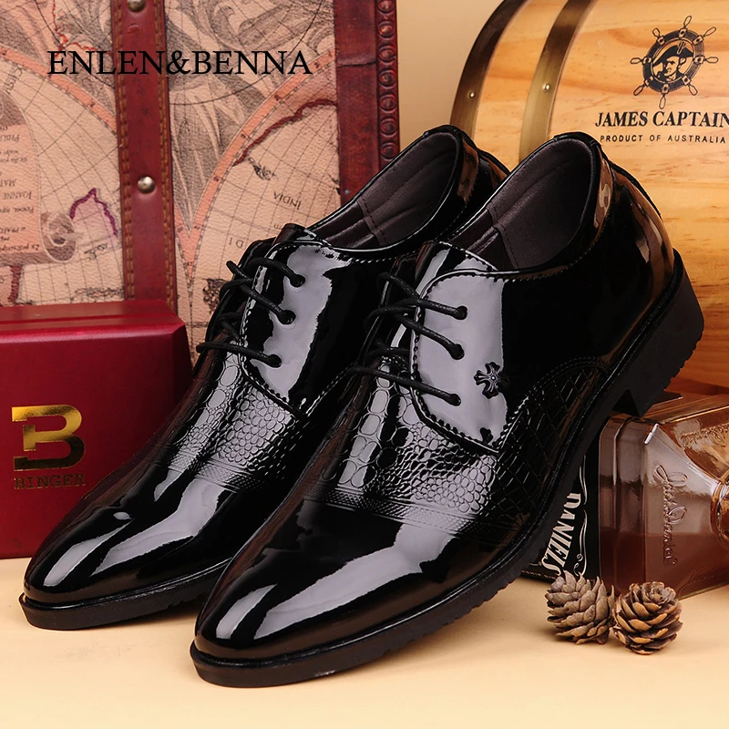 ENLEN&BENNA leather fashion pointed toe casual shoes lacing glossy
