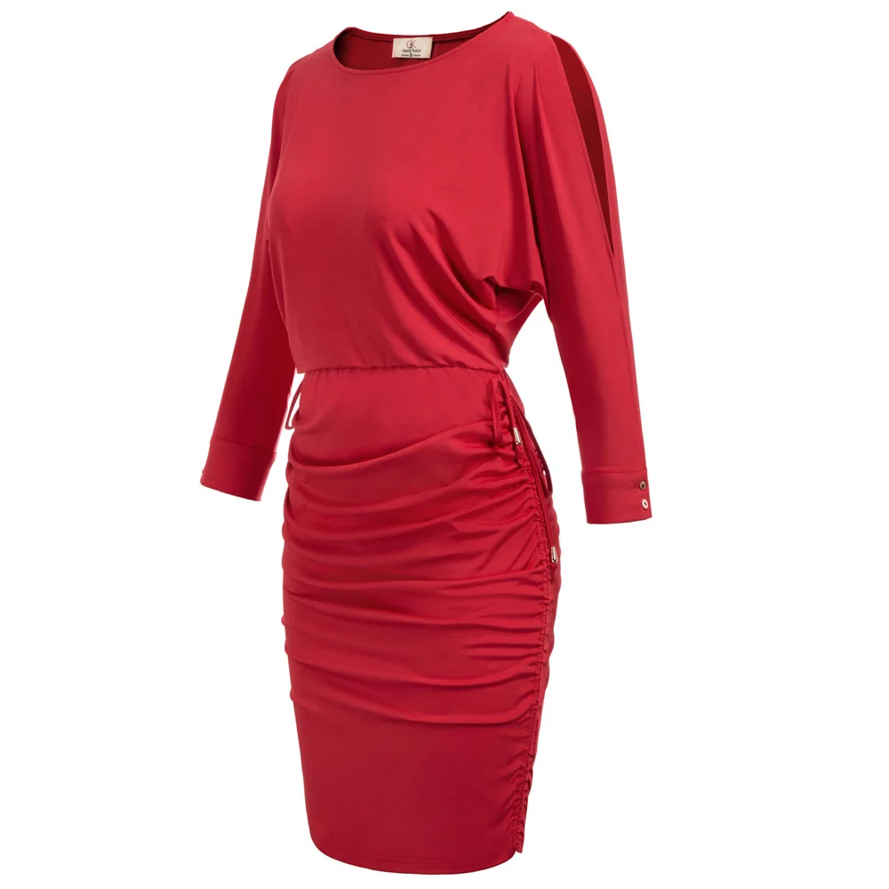 Женские 3/4 Сплит рукав средней длины Ruched Bodycon платье простые элегантные простые тонкие