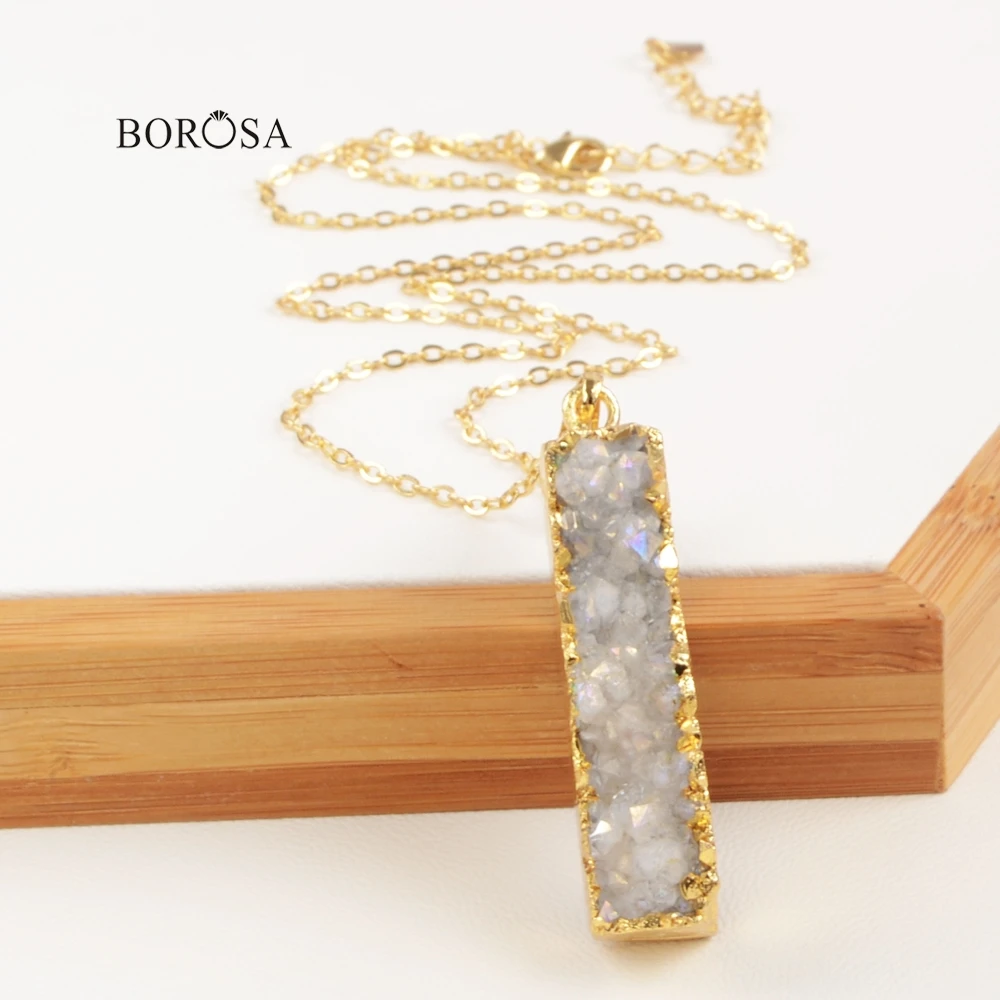 

BOROSA Rectangle Natural Agates Titanium AB Color Druzy Pendant Bead for Women Necklace Making CL202