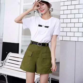 

Stretch High Waist Pocket Shorts With Belt Ladies Summer Tooling Wide Leg Safari Style Shorts Vintage Sexy Cotton Street Shorts