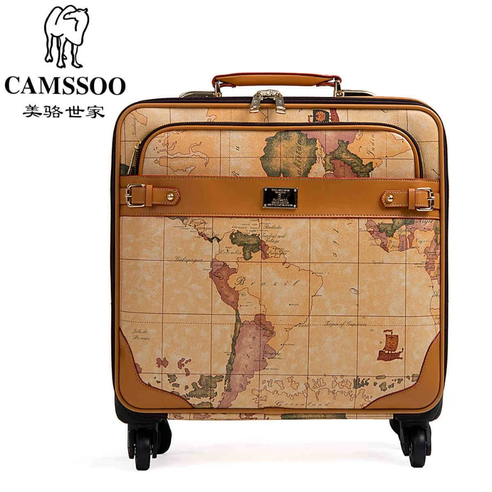 

New fashion!Female/male vintage world map travel luggage bags sets,16 20 22 24inches retro trolley luggage on universal wheel