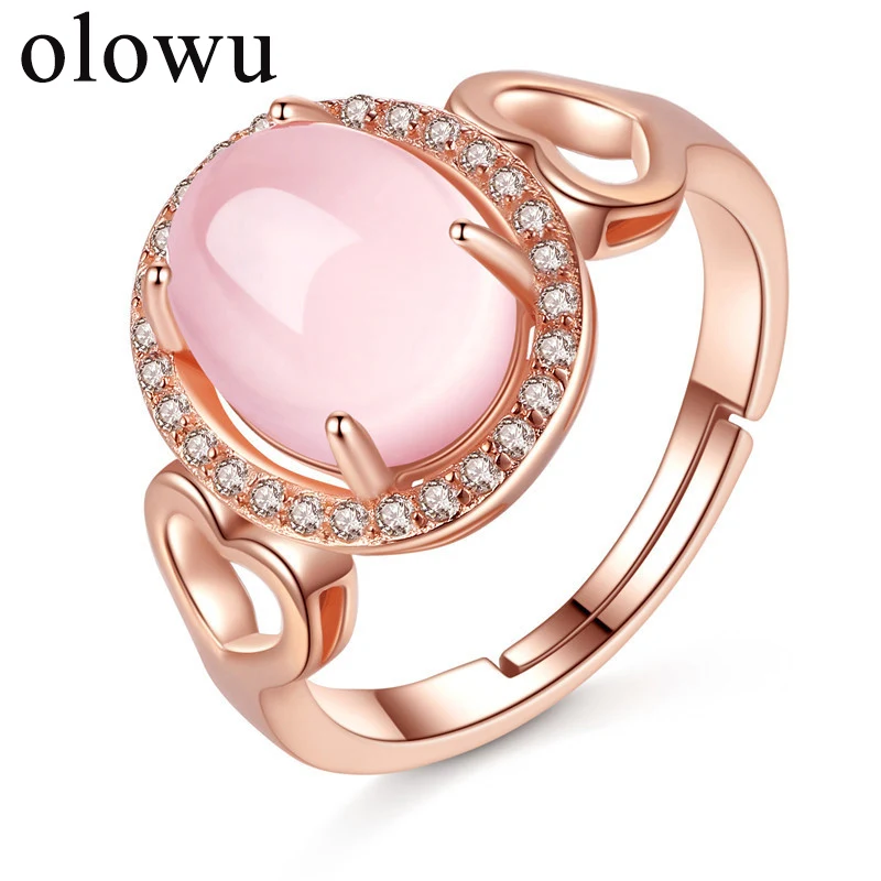 

olowu Women Rose Gold Color Cubic Zirconia Adjustable Finger Rings Ross Quartz Crystal Pink Natural Stone Opal Ring Jewelry