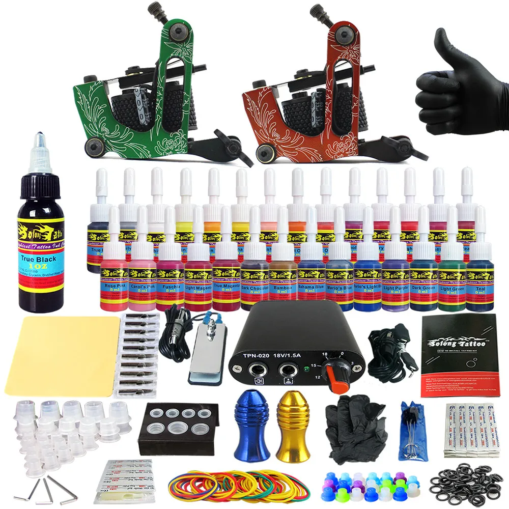 

Tattoo Sets Machine for Liner Shader Clip Cord 2 Guns New Arrival Kit Light Weight Practice Skin 28 Color Ink Sigment TK204-15