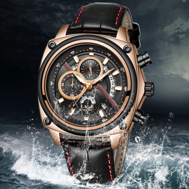 Мужские кварцевые часы Montre Homme LIGE роскошные деловые с хронографом и кожаным