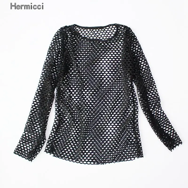 

Hot New 2017 Summer Womens Long Sleeve Sexy Black White Mesh Top Shirts Transparent Punk Club Streetwear Beach Blouse