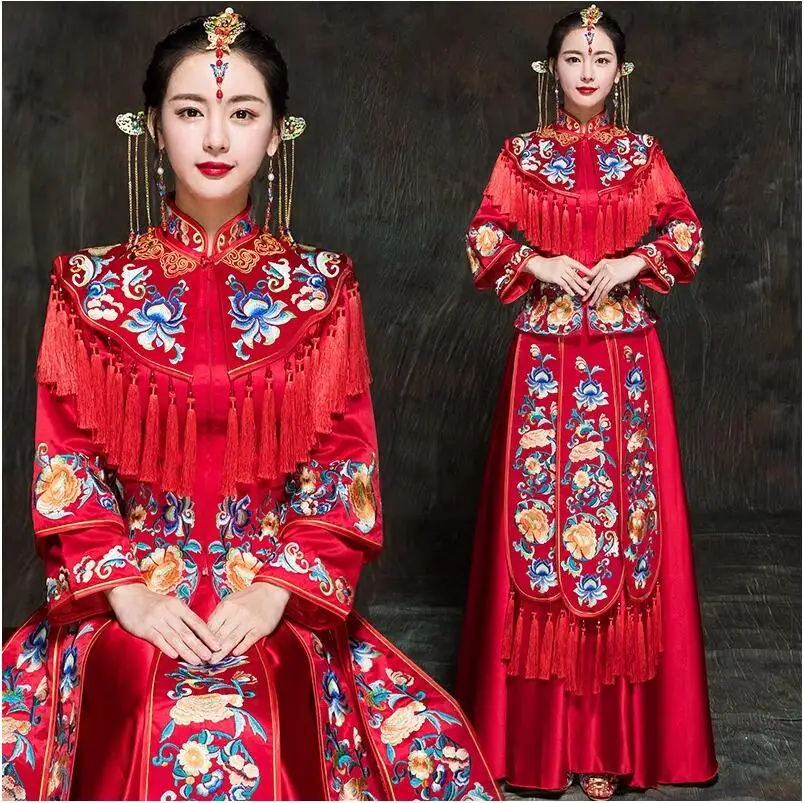

Women's Red Floral Long Sleeve Chinese Cheongsam Robe Dress Oriental Asian Bride beauty Chinese traditional Wedding GOWN Dress