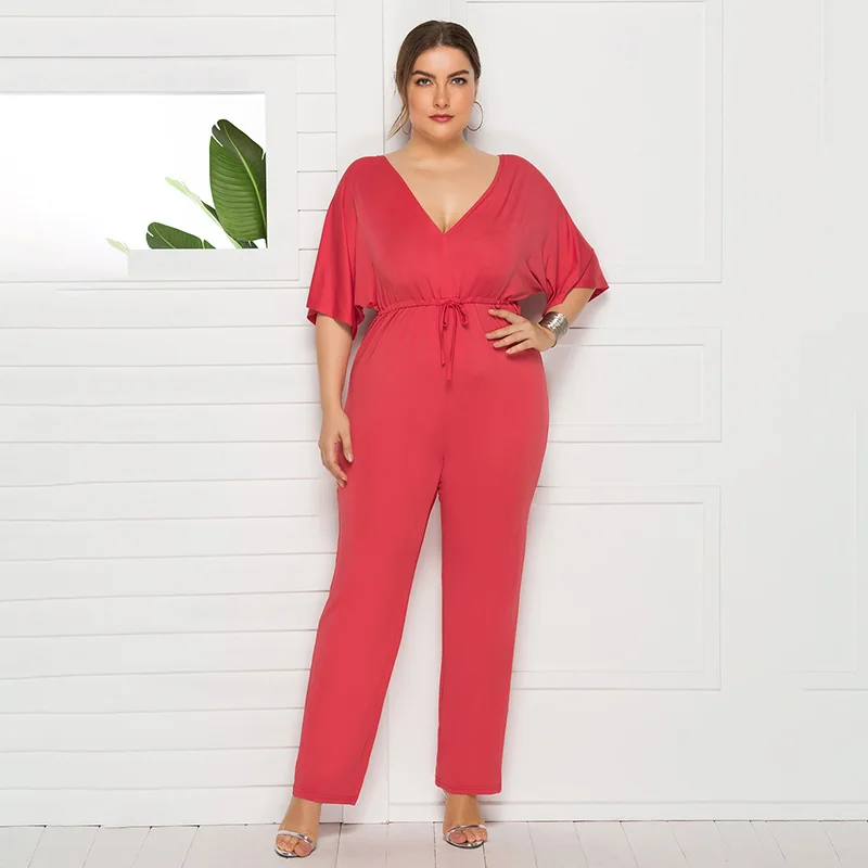

3XL Plus Size Tracksuit Women Jumpsuits Batwing Sleeves V Neck V Back Drawstring High Waist Rompers female Casual Pantsuit 2019