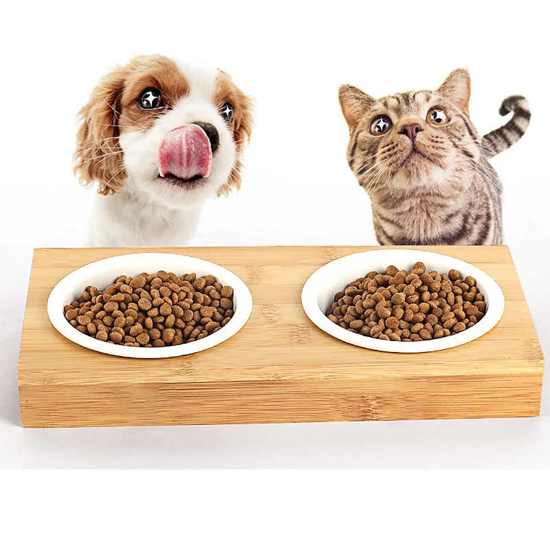 

Stainless Steel Pet Cat Dog Bowl Bamboo Frame Ceramic Feeding Drinking Combination Feeder Bowl Universal with Stand
