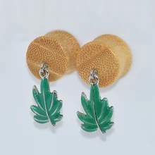 1pcs Natural Bamboo Wood Dangle Double Flared Saddle Flesh Tunnels Plugs Colorful Maple Leave Ear Expander Earrings Ear Piercing