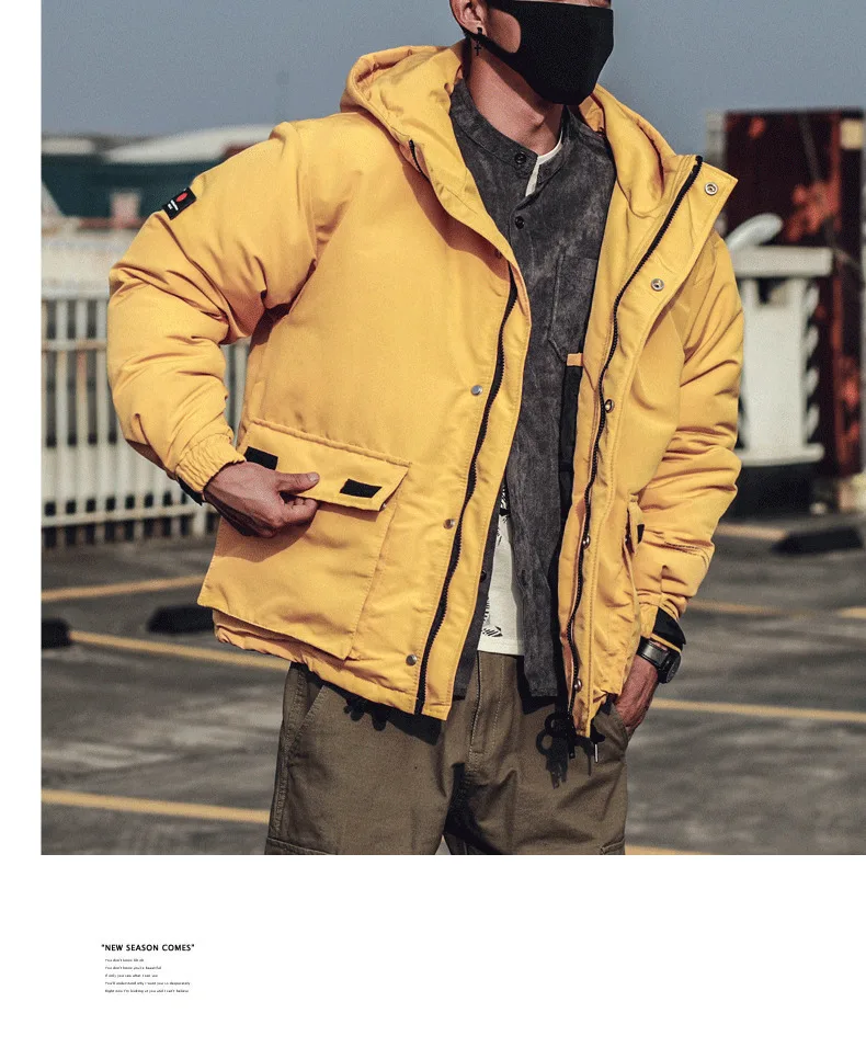 Зимнее мужское Новое свободное хлопковое пальто с большим карманом, куртка с капюшоном, желтая, черная, порошковая ветровка, парка, мужская одежда