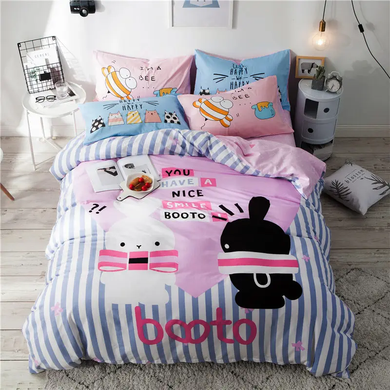 

2018 Black White Rabbit Bedding Set Soft Cotton Duvet Cover Set 3/4Pc Twin Queen Flat Sheet Fitted Sheet Bedlinens Pillowcases