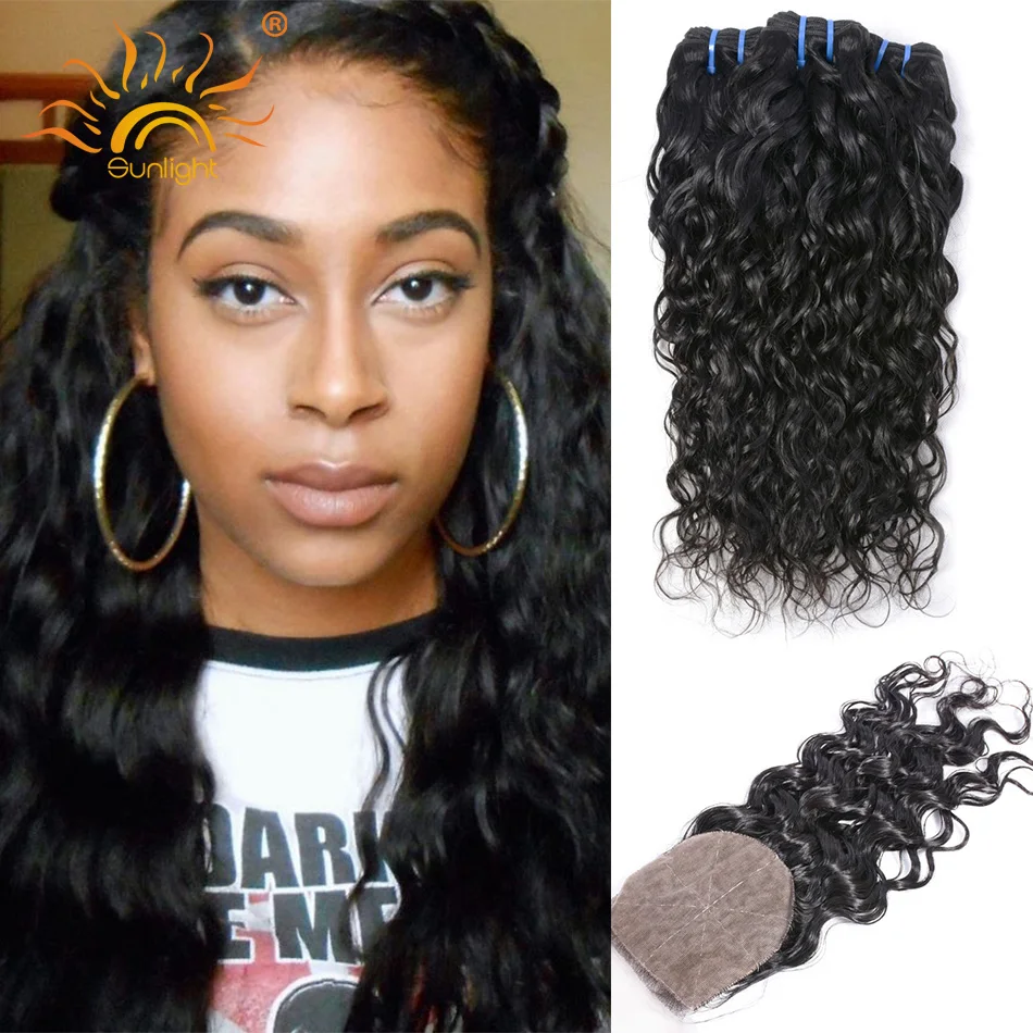 

7A Unprocessed Brazilian Water Wave Virgin Hair Silk Lace Closure With Bundles Cheap Silk Base Closures with Bundles