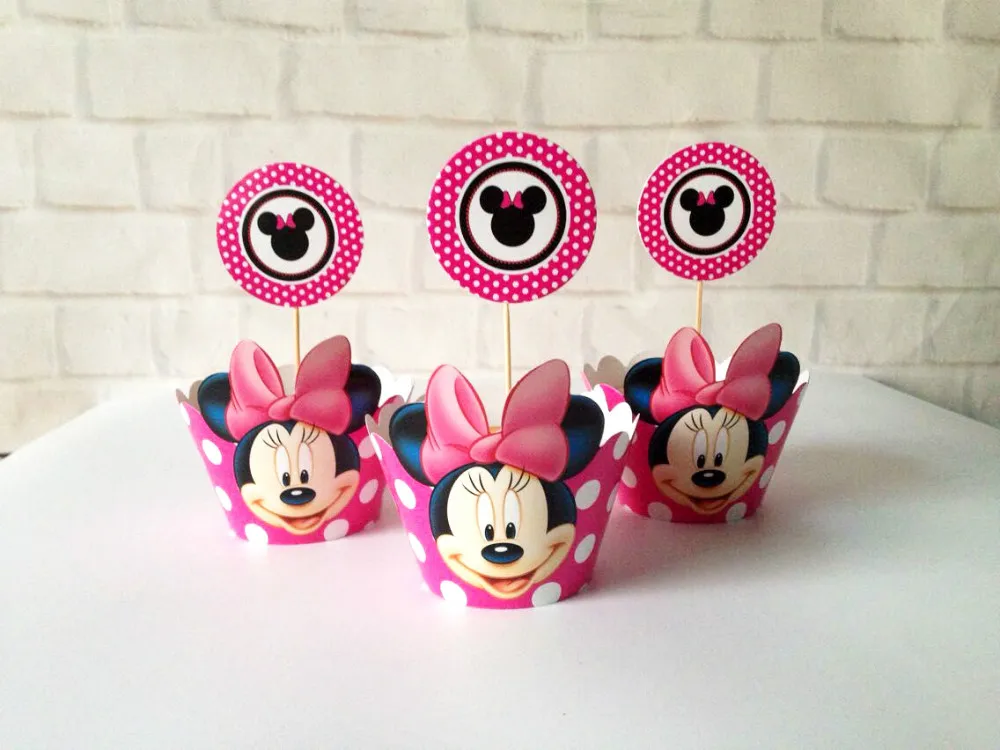 24pcs Minnie Mickey Mouse Party Supplies Cupcake Toppers Wrappers Picks 