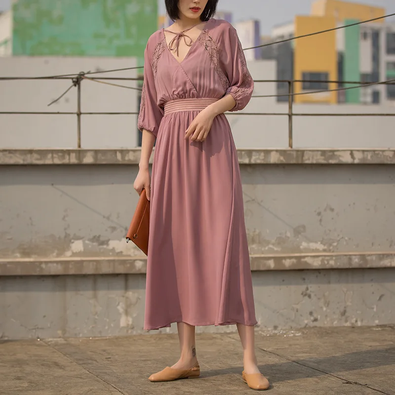 

Johnature 2019 Summer Vintage Lace V-neck High Waist Half Sleeve Loose Women Dresses Chiffon Tie Solid Color A-line Dress New