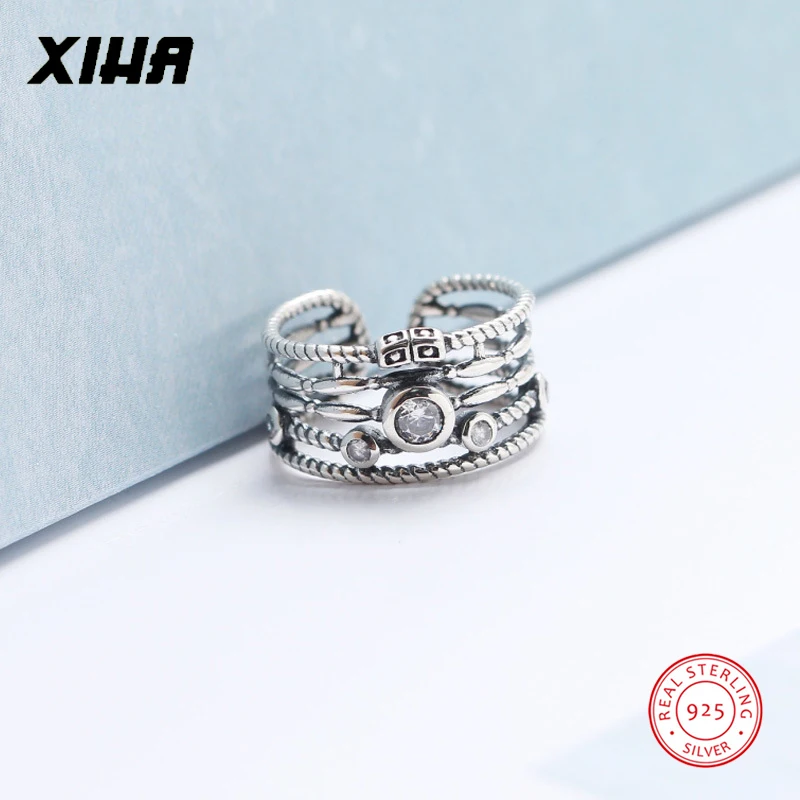 

XIHA 925 Sterling Silver Rings for Women with Stone Thai Silver Band Multi-layers Cubic Zirconia Adjustable Ring Vintage Jewelry