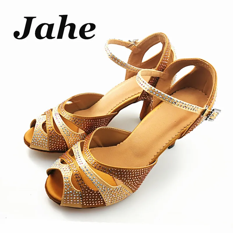 

Women Glitter Rhinestone Latin Ballroom Dance Shoes black bronze Satin Salsa Dancing Shoes Social Party Shoes For Woman