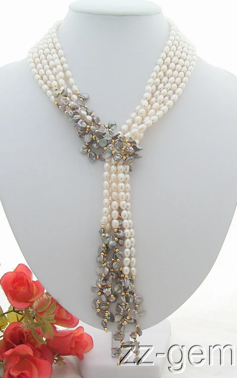 

Wholesale price 16new ^^^^3Strds 49" White&Grey Keshi Pearl Necklace