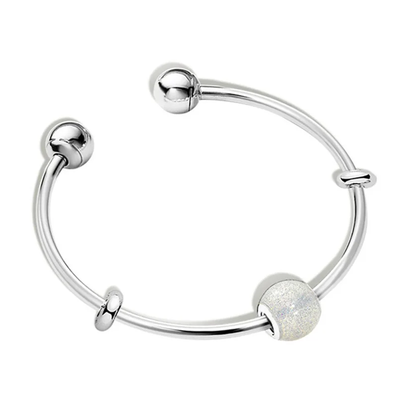 

100% 925 Sterling Silver Blinking Ball Charm Beaded Open Bracelet Set Charming And Elegant Gift Surprise Collection Jewelry