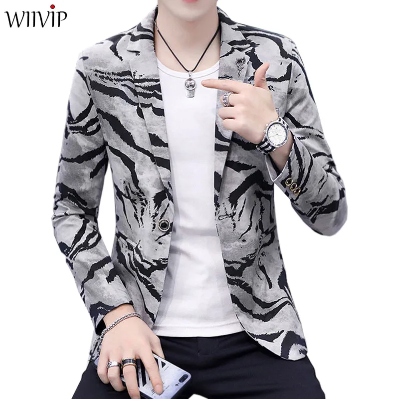 

New Man Cotton Print Camouflage Handsome Nice Fashion Full Sleeve Notched Blazer Coat Party Casual Slim Blazer Outerwear 1121