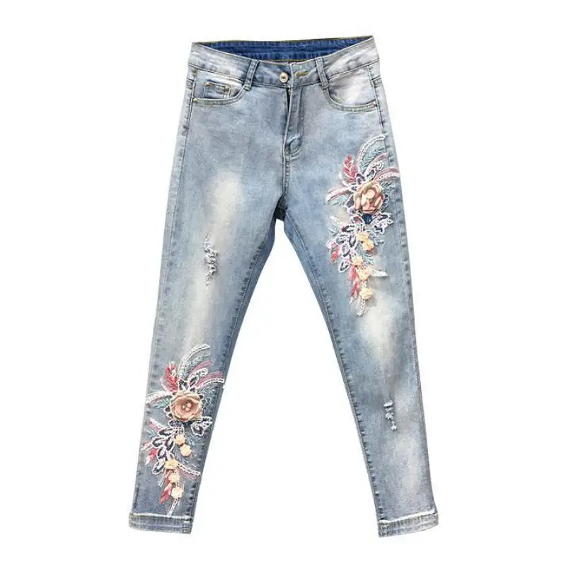 

Spring Fall Fashion Women Designer Embroidery Beading Flower Elastic Skinny Pencil Denim Trousers , Jeans Pants With Embroidered