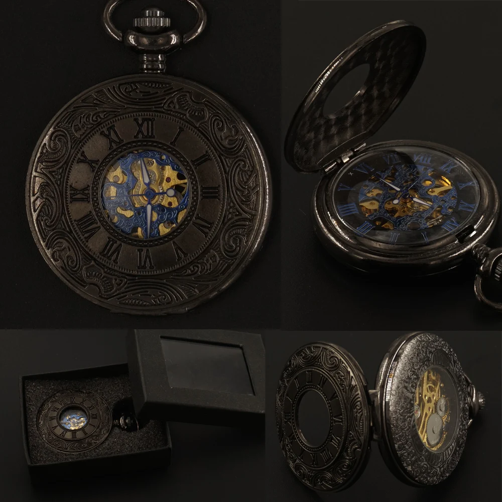 Классический черный римские Цифры Механический Карманный кармашек для часов цепь Подарочная коробка ручной Ветер Скелет Мужские стимпанк