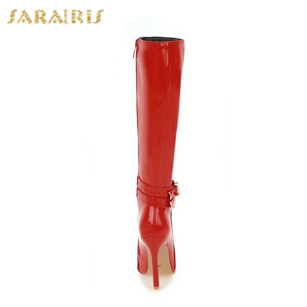 SARAIRIS/, большие размеры 34-48, сапоги на молнии с острым носком, красные, черные, женская обувь, сапоги до колена на тонком высоком каблуке, женская обувь