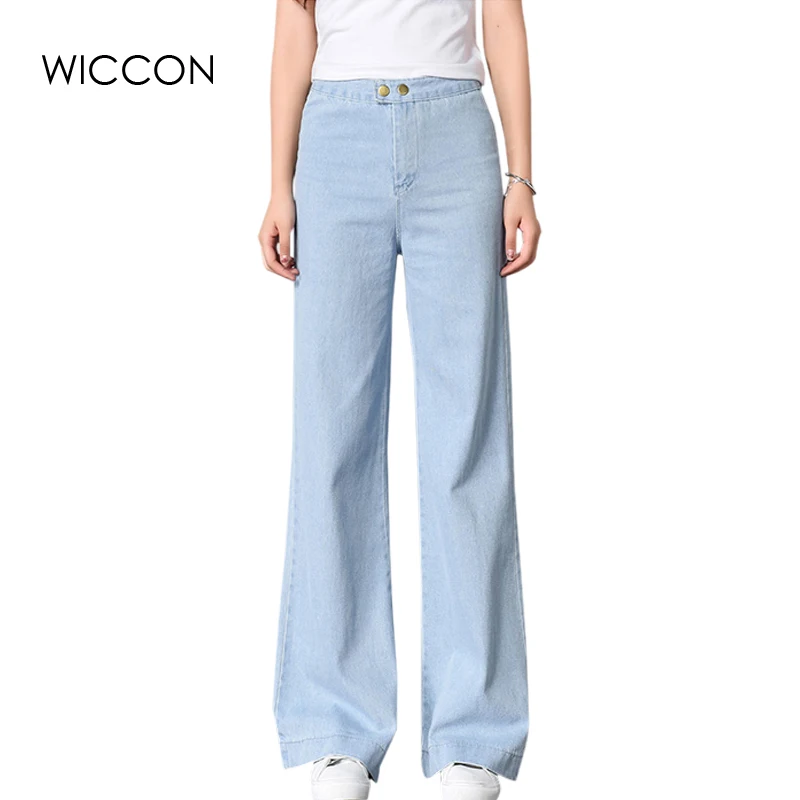 2019 Autumn Women's Wide Leg Jeans Ladys High Waist Solid Bell Bottom Denim Pants Loose Trousers Mom Jeans WICCON