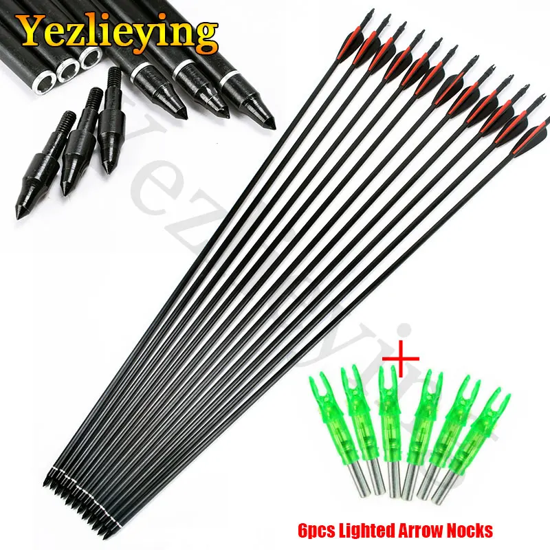 

12pcs Hunting Compound & Recurve Bow Archery 30 inch Spine 500 Fiberglass Arrow Bolts+ Recurve Bow 6pcs LED Glowing Arrow Nocks