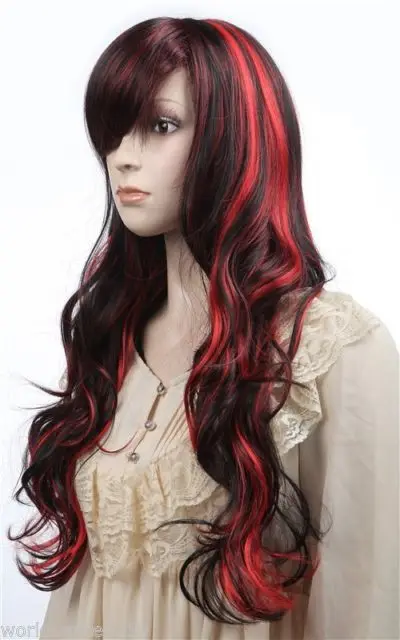 

Cos red &black mix long curly cosplay wig AAA