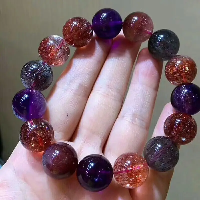 

Natural Lepidocrocite Quartz Rutilated Super 7 Seven Melody Stone Women Man Stretch 15mm Beads Bracelets Certificate AAAAAA
