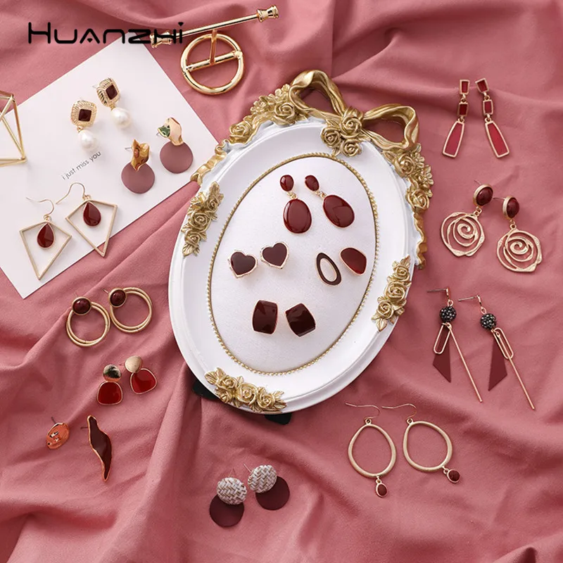 

HUANZHI Wine Red Color Geometric Hollow Elegant Heart Round Simple Design Trendy Drop Earrings for Women Girls Jewelry Gifts