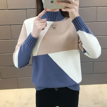 

Beautiful Contrast Color Knitted Sweater Women Pullovers Autumn Winter Half Turtleneck Sweater Korean Loose Jumpers Ladies Tops