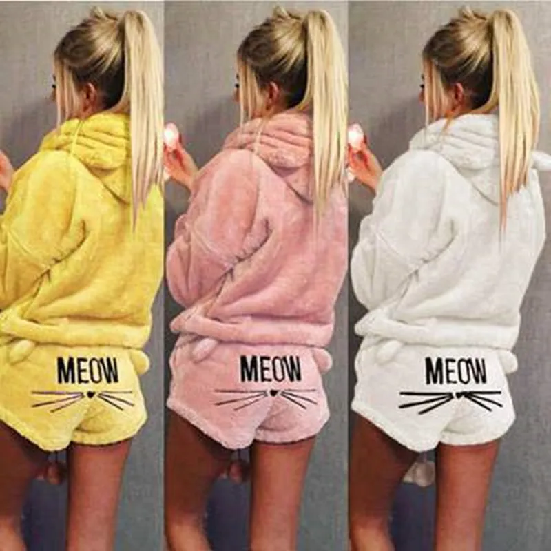 

Pajamas Set Women Flannel Sexy Cat Winter Embroidery Pyjamas Female Long Sleeve Shorts Hoodie Casual Fashion Home Sleepwear