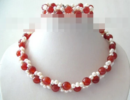 

Free shipping 07805 wonderful white freshwater pearls &red necklace a set