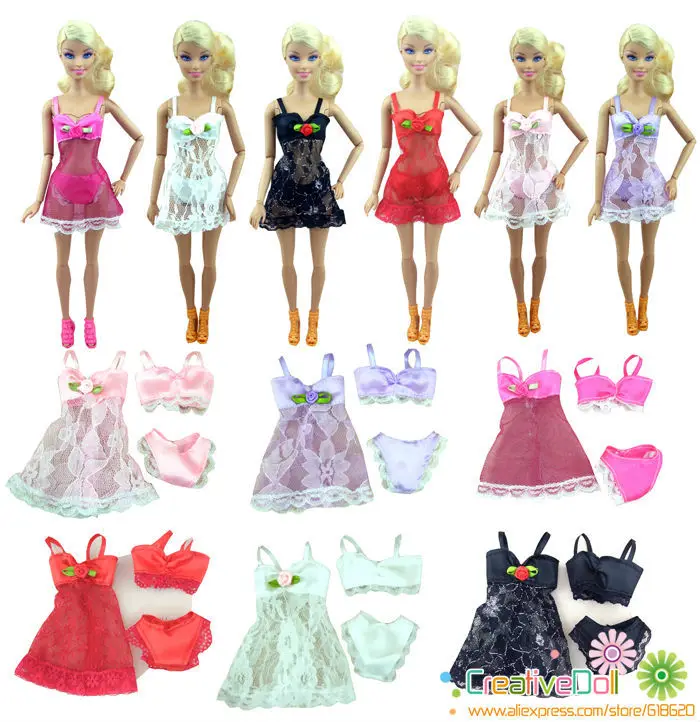 

6Sets=18pcs Free Shipping Sexy Doll Lingerie Dress Suits bikini For Barbie Dolls Dress+Bra+Underwear Lace Nightwear Pajamas