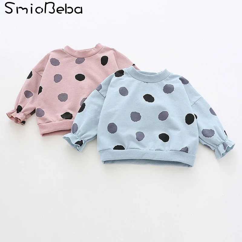 

Korean Style Baby Girls Blue Shirts 18 Autumn Girl Top Shirt Children's Print Dot Cotton Blouse Bat Long Sleeve Pink Shirts KID