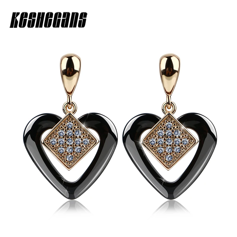 

New Design Heart Shape Rose Gold Stud Earrings Black Healthy Ceramic With Shining Crystal For Women Lady Elegant Fashion Jewelry