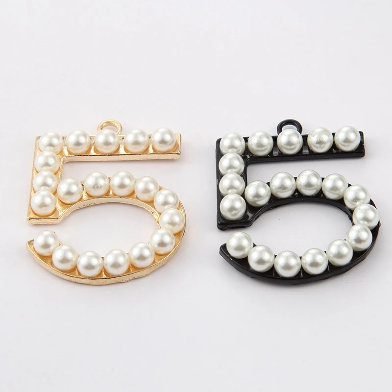 

2pcs Number Five with Pearl Charms 31*40mm Gold Black Color Alloy Jewelry Makings Pendant DIY fit Bracelet Necklace Accessories