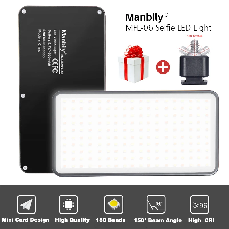 

Manbily MFL-06 Mini LED Video Light on Camera Light DSLR Fill Light Dimmable 180 LED Photography Lighting Lamp for Selfie Canon
