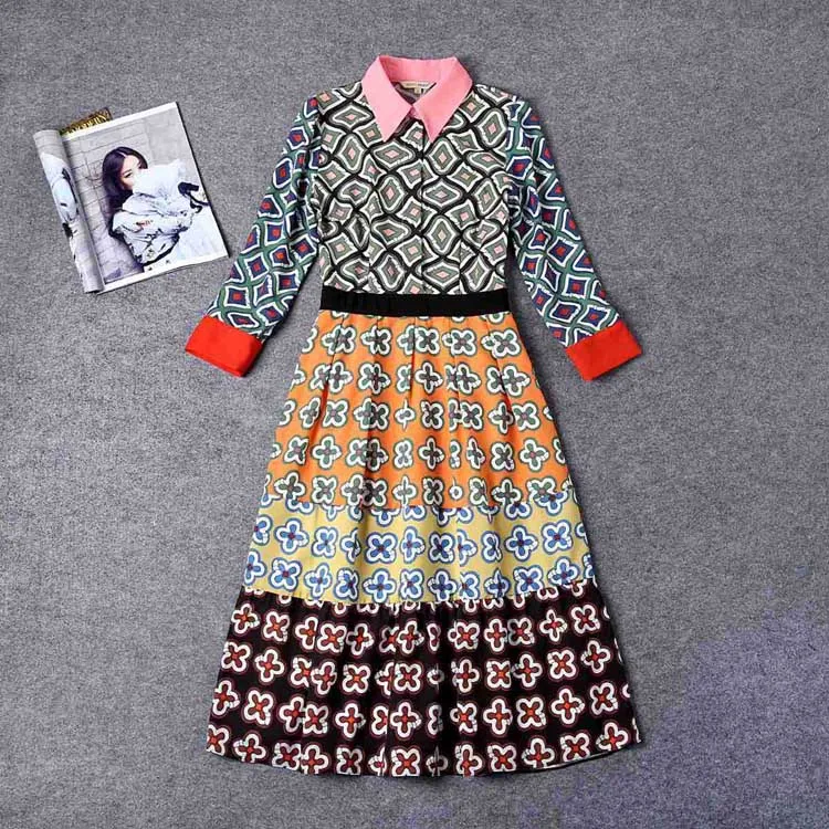 

High Quality 2018 Summer New Fashion Catwalk Models Retro Printing Stitching Small Lapel Buttons Long Sleeve Dress Women
