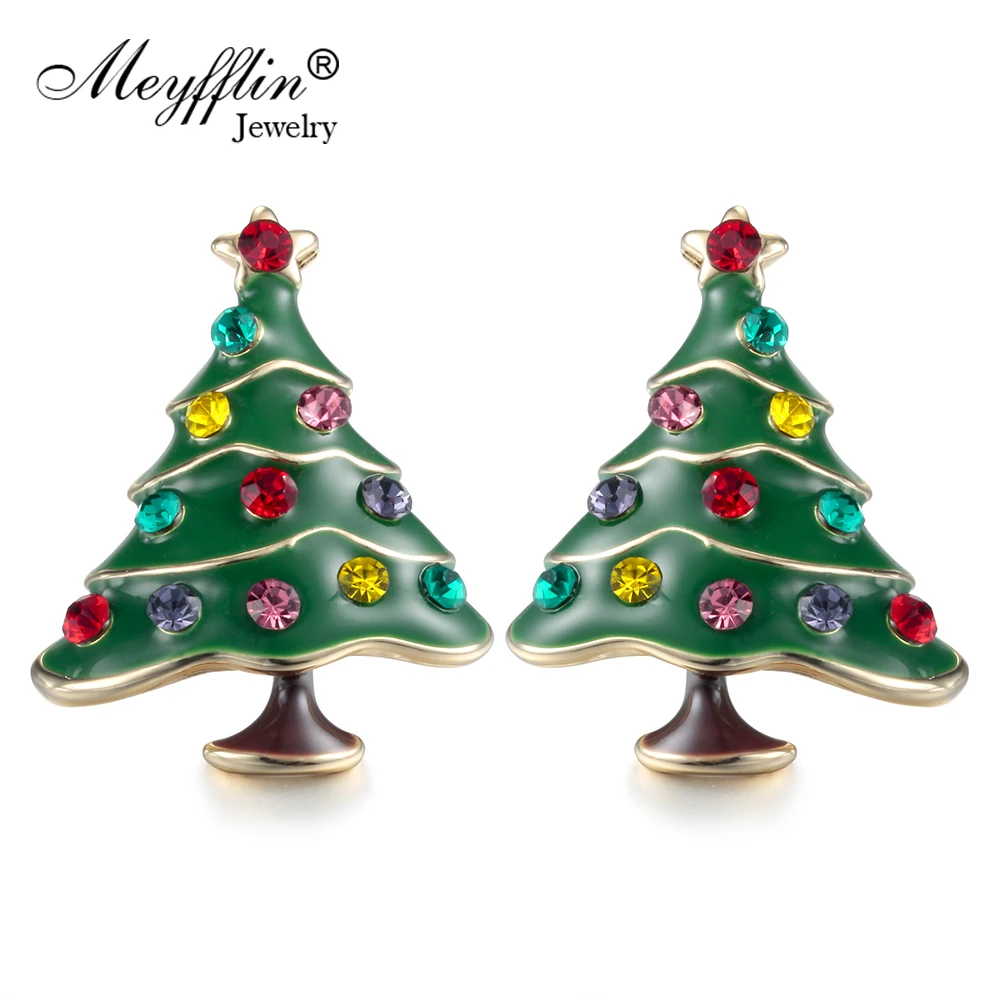 Meyfflin, новинка, серьги в форме рождественской ёлки для женщин, модные, зеленые, белые, эмалированные, Кристальные серьги-гвоздики, ювелирное изделие для женщин, brincos, подарок