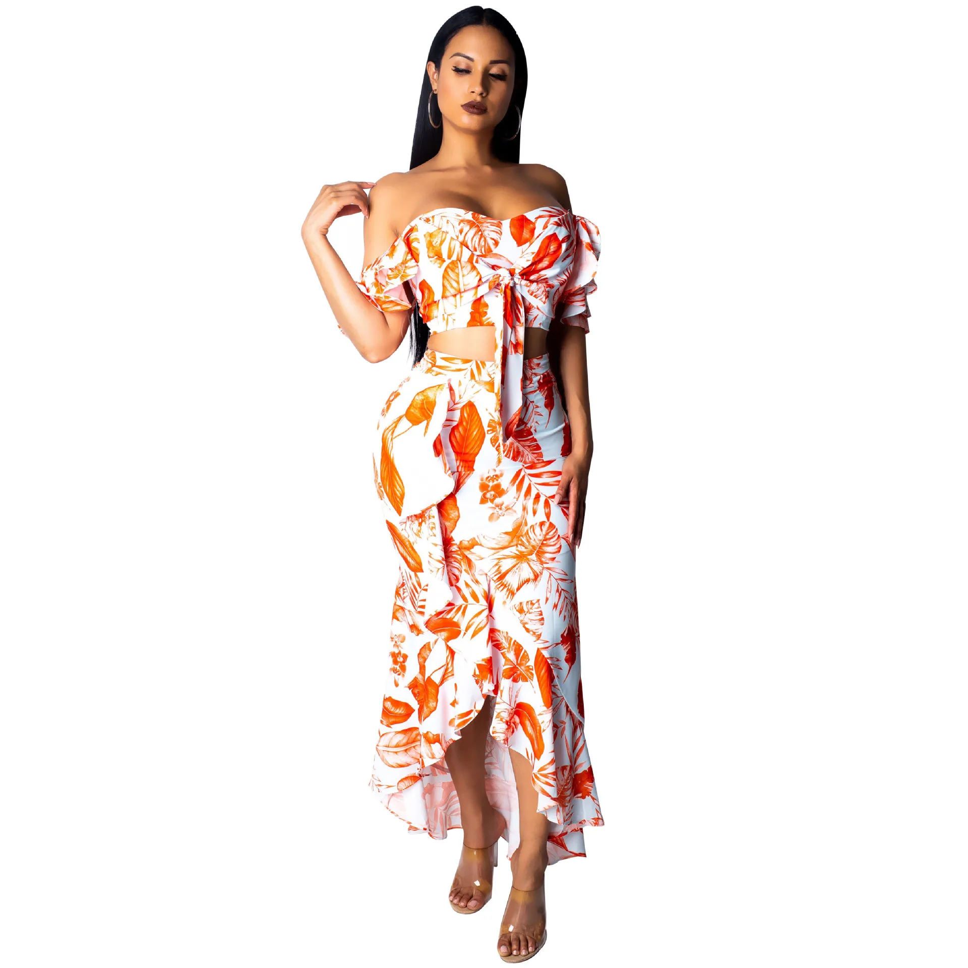 Комплект из двух предметов с принтом в виде оранжевых листьев, женское платье с вырезом лодочкой и коротким рукавом, Клубные вечерние платья, летние платья с открытой спиной и оборками - Цвет: Multi