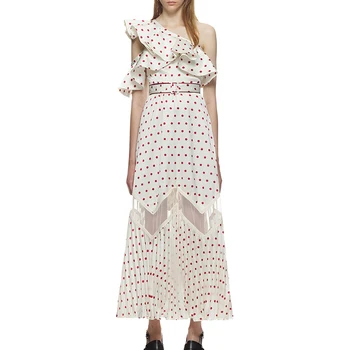 

Self Portrait Dress 2018 Women Summer Vintage Ruffles Off Shoulder Red Dot Printed Mesh Patchwork Long Dress Vestidos