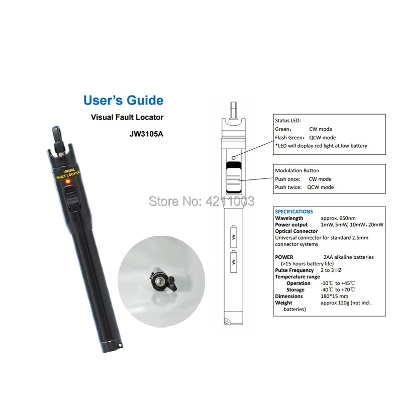 JW3105A 10 МВт Волоконно-оптический визуальный дефектоскоп 10 км волоконно-оптический кабельный тестер оптоволоконный визуальный локатор