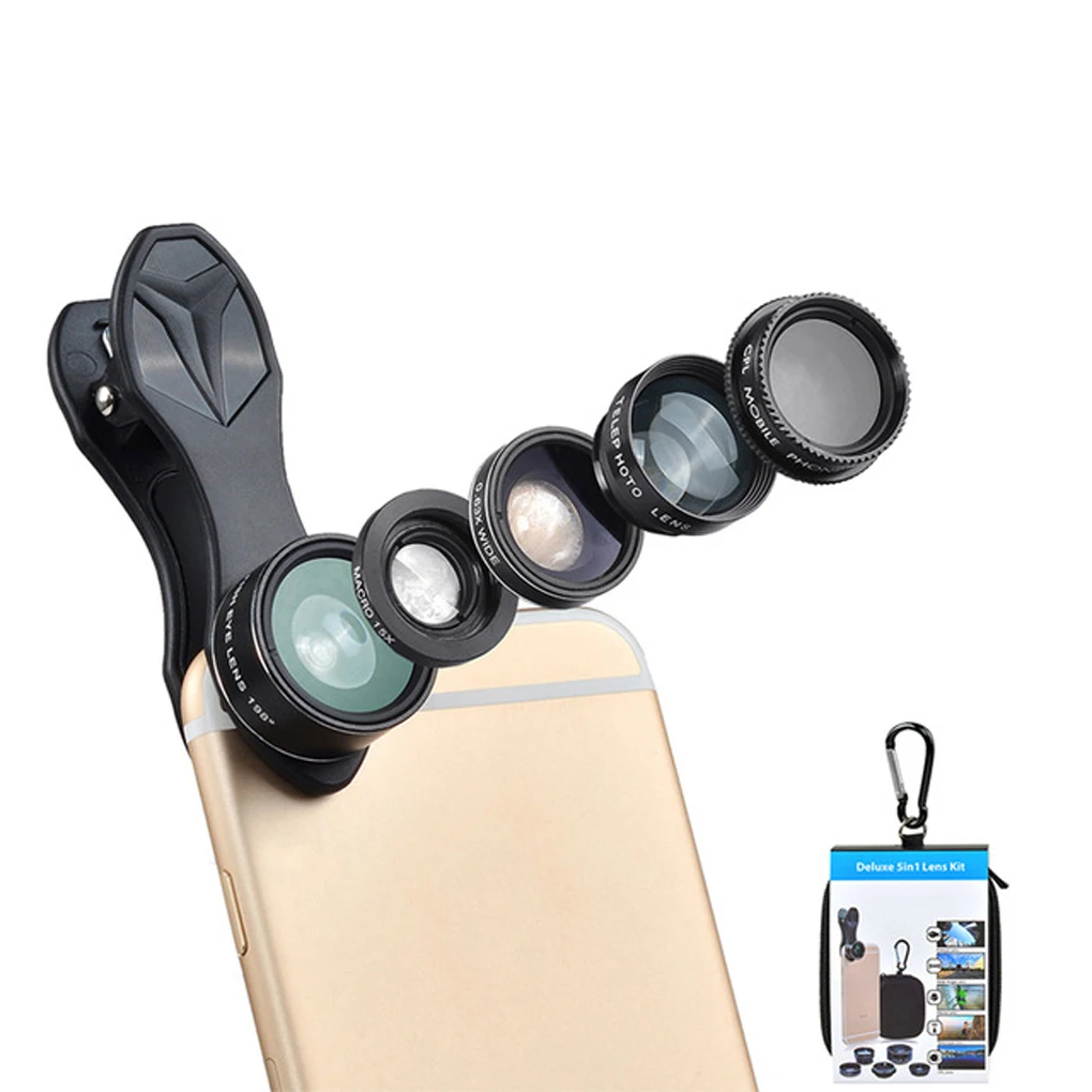 Universal 5 in 1 Clip On Cell Phone Lens Kit Fisheye Wide Angel Macro