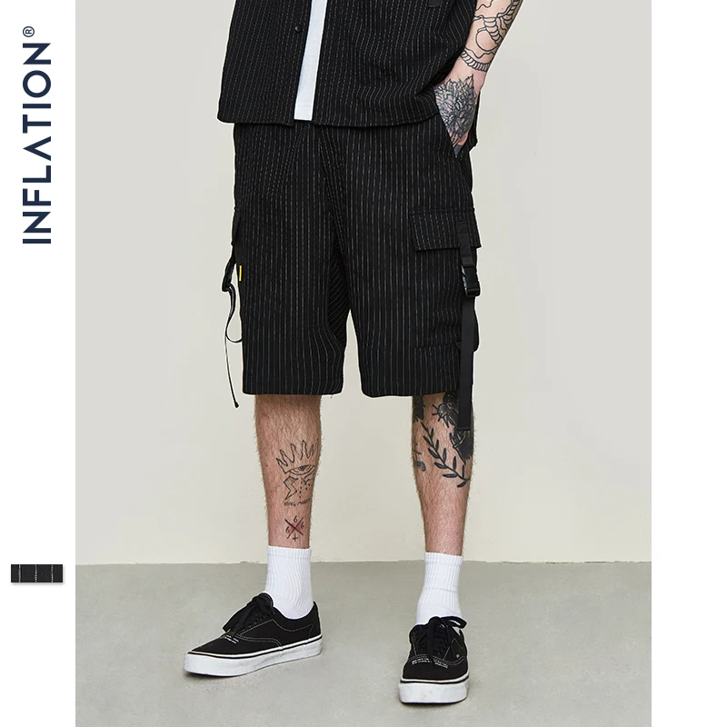 

INFLATION 2019 SS Collection Men Rock Hip hop Shorts Ribbons Striped Cargo Shorts Mens Black Casual Streetwear Short Pants 9318S
